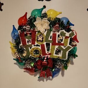 HAND MADE, one of A Kind Festive Holiday Wreath with Multicolor Ornaments